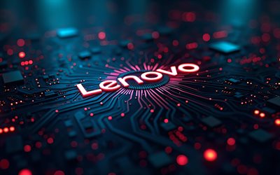 4k, logo neon rosso lenovo, bokeh, sfondo hi tech nero, conduttori, marchi elettronici, creativo, microcircuits, logo lenovo sul microcircuito, marchi, lenovo logo astratto, opera d'arte, logo lenovo, lenovo