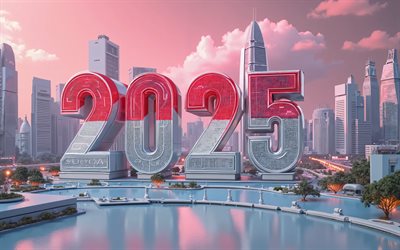 2025 singapur, 4k, rascacielos, viajar a singapur 2025, 2025 conceptos, singapur 2025 dígitos, arte 3d, bandera de singapur, 2025 dígitos 3d, singapur