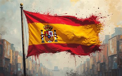 drapeau espagnol, 4k, drapeau espagnol sur le mât, drapeau des éclaboussures de peinture espagnole, grunge, drapeau de l'espagne, espagne