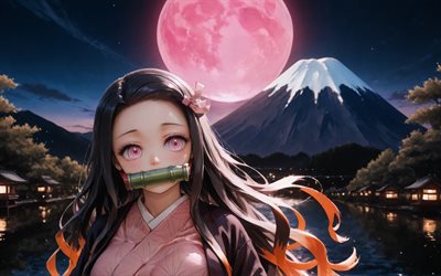 4k, nezuko kamado, notte, bavaglio di bambù, demon slayer, monte fuji, occhi viola, protagonista, luna, demon slayer kimetsu no yaiba, kimono, manga, kamado nezuko, demon hunter, nezuko kamado kimetsu no yaiba