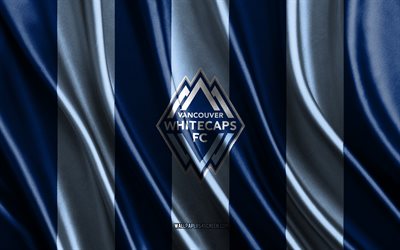 4k, Vancouver Whitecaps FC logo, MLS, blue silk texture, Vancouver Whitecaps FC flag, American soccer team, soccer, silk flag, Vancouver Whitecaps FC emblem, USA, Vancouver Whitecaps FC badge, Vancouver Whitecaps FC