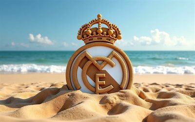 logotipo del real madrid, 4k, verano, logotipo del real madrid hecho de arena, playa, logotipo 3d real madrid, arena, palmeras, emblema del real madrid, real madrid, la liga, españa