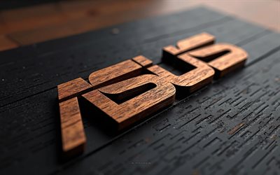 asus 로고, 4k, 창조적 인 예술, asus 3d 브라운 나무 로고, 검은 나무 백라운드, asus 3d 로고, asus, 3d asus emblem