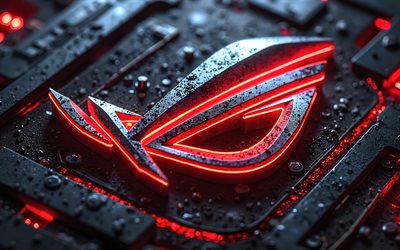 4k, rogo rog metal, créatif, néons rouges, fond de métal grunge, république des joueurs, logo rog 3d, œuvres d'art, asus rog, logo de la république des joueurs, logo rog, asus, rog