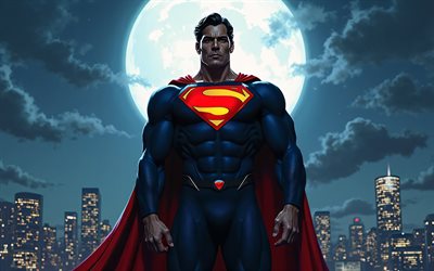 4k, Superman, comics art, superheroes, DC Comics, moon, nightscape, abstract art, Superman 4K