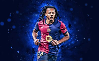 4k, Jules Kounde, blue abstract background, FC Barcelona, La Liga, French footballers, blue neon lights, Jules Kounde 4K, football, soccer, Barcelona FC, LaLiga, Barcelona, FCB, Jules Kounde Barcelona