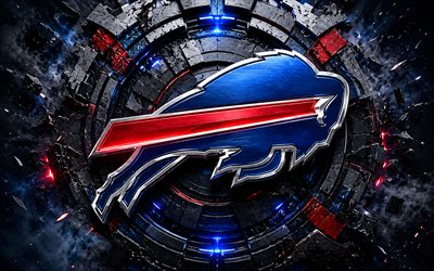 Buffalo Bills metal logo, 4k, blue red metal background, NFL, american football, Buffalo Bills logo, Buffalo Bills emblem, american football team, Buffalo Bills