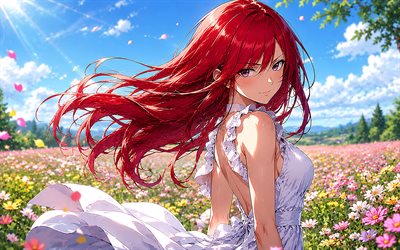 Erza Scarlet, 4k, white dress, flower field, Fairy Tail, summer, manga, anime charaters, Torii, Fairy Tail characters, Erza Scarlet Fairy Tail