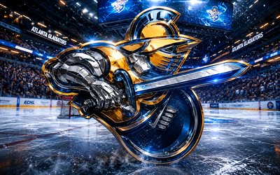 4k, Atlanta Gladiators metal logo, spotlights, ice arena, ECHL, creative, hockey, Atlanta Gladiators logo, hockey stadium, Atlanta Gladiators 3D logo, canadian hockey team, Atlanta Gladiators