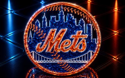 New York Mets logo, blue orange metal background, New York Mets emblem, New York Mets crystal sign, MLB, USA, baseball, New York Mets