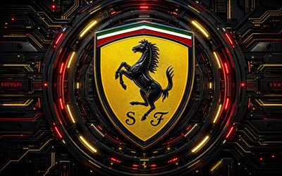 logotipo 3d de ferrari, 4k, fondo oscuro de alta tecnología, rayos de neón de colores, conductores, marcas de autos, creativo, marcas, logotipo abstracto de ferrari, obra de arte, logotipo de ferrari, ferrari