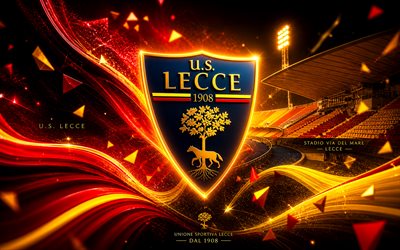 US Lecce, 4k, Italian football club, US Lecce logo, football art, red yellow abstract background, US Lecce emblem, Serie A, football, Italy, Lecce logo, Lecce, Stadio Via del mare, Giallorossi