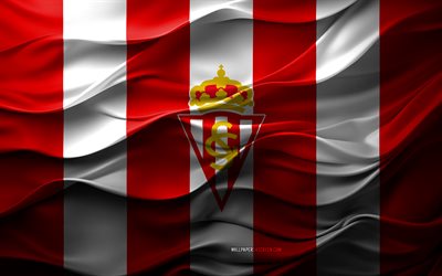 4k, شعار سبورتينغ خيخون, خلفية حمراء بيضاء ثلاثية الأبعاد, القسم الثاني, فريق كرة القدم الاسباني, علم سبورتينغ دي خيخون, نسيج ثلاثي الأبعاد, سبورتينغ دي خيخون, كرة القدم, إسبانيا