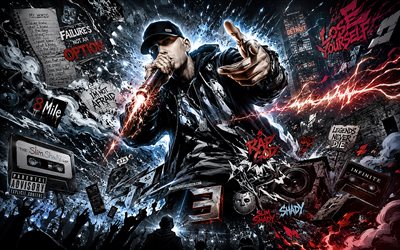 4k, Eminem, abstract art, night party, cartoon art, fans, creative background, music stars, Marshall Bruce Mathers III, concert, Eminem on concert, american rapper, Eminem art, american celebrity, Eminem 4K