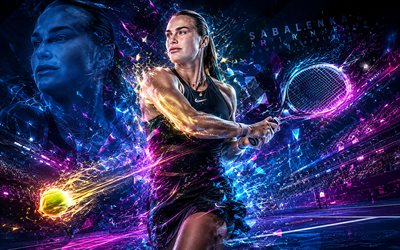 Aryna Sabalenka, 4k, Belarusian tennis player, WTA, blue abstract lines art, tennis, Aryna Sabalenka art, Womens Tennis Association, creative art, blue light lines