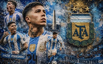 enzo fernández, seleção argentina de futebol, 4k, fundo de pedra, logotipo da seleção argentina de futebol, enzo fernández argentina, arte mural, futebol, argentina