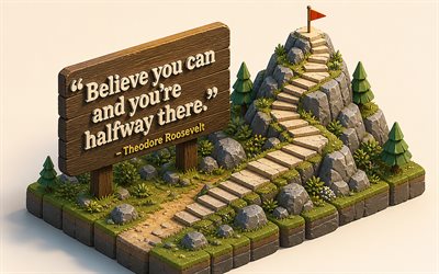 Believe you can and youre halfway there, Theodore Roosevelt, motivation, 3D isometric art, Theodore Roosevelt quotes, creative art, inspiration