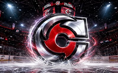 4k, Cincinnati Cyclones metal logo, spotlights, ice arena, ECHL, creative, hockey, Cincinnati Cyclones logo, hockey stadium, Cincinnati Cyclones 3D logo, ameican hockey team, Cincinnati Cyclones