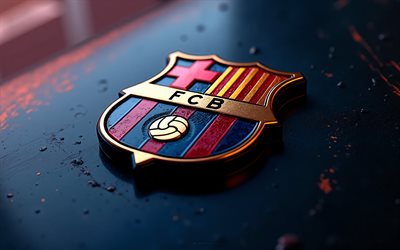 FC Barcelona metal logo, blue background, neon light, FC Barcelona metal emblem, FC Barcelona logo, FC Barcelona metal sign, La Liga, Spain, football, FC Barcelona, Barcelona logo, Barcelona