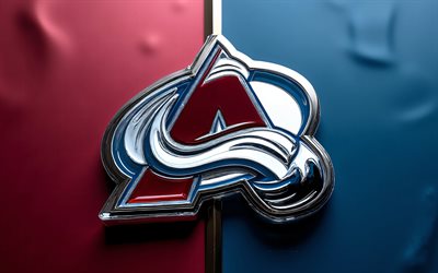 logo en cristal de l'avalanche du colorado, 4k, fond métal bleu bordeaux, lnh, art du verre, logo de l'avalanche du colorado, emblème de l'avalanche du colorado, usa, avalanche du colorado, hockey