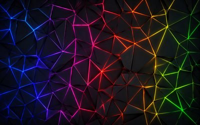 4k, renkli neon ışıklar, karanlık, renkli ışınlar, siyah 3d parçalar, yaratıcı, karanlık soyut arka plan, parçalanmış geometrik desen, sanat eseri, karanlık 3d arka planlar, şekiller, 3 boyutlu arka planlar, renkli neon ışınları