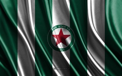 4k, Red Star FC logo, Ligue 2, green white silk texture, Red Star FC flag, French football club, silk flag, Red Star FC emblem, France, Red Star FC badge, Red Star FC