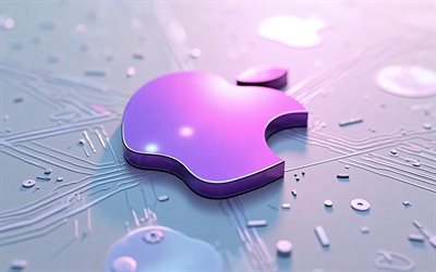 شعار أبل المعدني الأرجواني, 4k, خلفية التكنولوجيا البيضاء, شعار أبل, خلفية بيضاء, شعار التفاح الأرجواني, شعار أبل ثلاثي الأبعاد, علامة أبل المعدنية الأرجوانية, تفاحة, شعار أبل الأرجواني