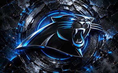 Carolina Panthers metal logo, 4k, black blue metal background, NFL, american football, Carolina Panthers logo, Carolina Panthers emblem, american football team, Carolina Panthers