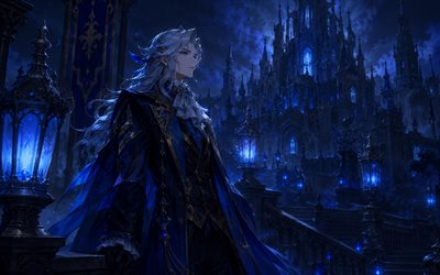 4k, neuvillette, kale, gece, genshin etkisi, kemancı, anime karakterleri, sanat eseri, genshin etkisi karakterleri, neuvillette genshin etkisi