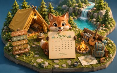 June 2026 Calendar, 4k, cute fox in the forest, camping, 2026 June Calendar, little fox, June, 2026 calendars, June Calendar 2026, summer, forest