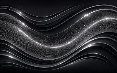 ondas de neón plateadas sobre fondo negro, 4k, fondo de ondas abstractas plateadas, ondas de neón plateadas, fondo negro de ondas 3d, fondo abstracto de ondas