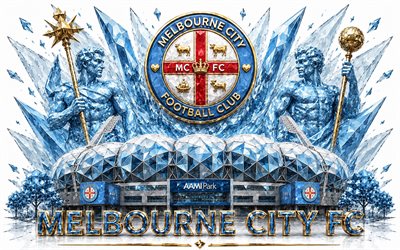 logotipo del melbourne city fc, 4k, club de fútbol australiano, melbourne fc, arte de cristal, emblema del melbourne city fc, estadio rectangular de melbourne, ciudad de melbourne, australia, fútbol americano, liga a, logotipo de la ciudad de melbourne