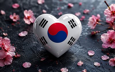 jag älskar sydkorea, 4k, bokeh, svart sten bakgrund, rosa blommor, sydkoreas dag, sydkoreas flagga, hjärta med sydkoreanska flaggan, konstverk, 3d hjärtan, sydkoreanska flaggan, sydkorea, kärlek till sydkorea