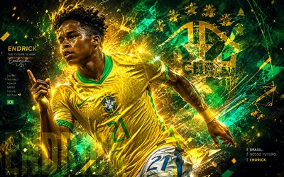 endrick, seleção brasileira de futebol, arte dos fãs, fundo de linhas abstratas amarelas verdes, endrick brasil, arte criativa, logotipo da seleção brasileira de futebol, futebol, endrick felipe moreira de sousa
