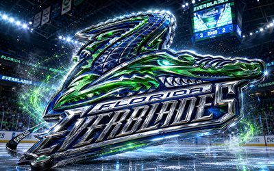 4k, Florida Everblades metal logo, spotlights, ice arena, ECHL, creative, hockey, Florida Everblades logo, hockey stadium, Florida Everblades 3D logo, american hockey team, Florida Everblades