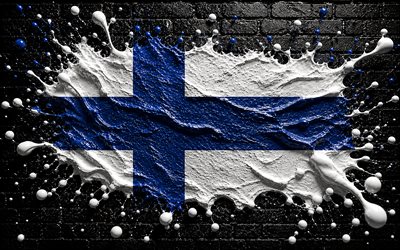 4k, finlands flagga, kreativ, finland målar flaggan, svart tegelvägg, måla konst, finska flaggan, färgstänk, konstverk, finska nationalsymboler, finland 3d flagga, finland