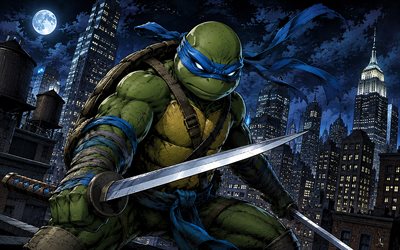 4k, Leonardo on roof, sword, comics art, Teenage Mutant Ninja Turtles, nighscape, TMNT characters, Mutated Turtles, Leonardo, TMNT, ninja turtles, Leonardo TMNT, Leonardo 4K