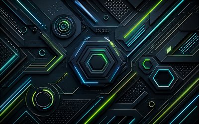 4k, geometrik rakamlar, mavi yeşil neon ışınları, malzeme tasarımı, geometrik şekiller, yaratıcı, geometri, geometrik desenler, sanat eseri, karanlık 3d arka plan, karanlık soyut arka plan, şekiller, 3 boyutlu arka planlar, metal 3d arka plan