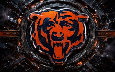 Chicago Bears metal logo, 4k, blue orange metal background, NFL, american football, Chicago Bears logo, Chicago Bears emblem, american football team, Chicago Bears