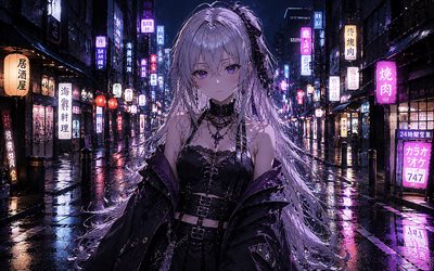 Yowane Haku, street, night, Vocaloid, girl with purple hair, DTM, protagonist, manga, Vocaloid characters, Haku Yowane, japanese virtual singers, Yowane Haku Vocaloid