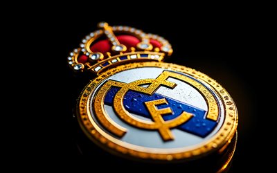 logotipo metálico del real madrid, fondo negro, emblema del real madrid, logotipo del real madrid, de cerca, cartel metálico del real madrid, la liga, españa, fútbol americano, real madrid, logotipo del real madrid cf, real madrid cf