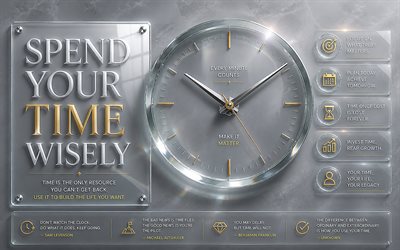 vietä aikaasi viisaasti, 4k, infografiat, vaaleanharmaa metallitausta, aikalainaukset, kellon osoittimet, tyylikäs kello, vietä aikaasi viisaasti käsitteitä
