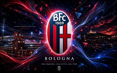 bolonia fc 1909, 4k, club de fútbol italiano, logotipo del bolonia fc 1909, arte del futbol, fondo abstracto azul, emblema del bolonia fc 1909, serie a, fútbol americano, italia, logotipo del bolonia fc, bolonia fc, bolonia