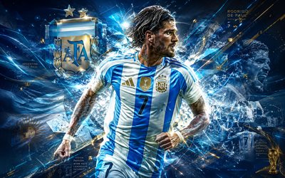 رودريجو دي بول, منتخب الأرجنتين لكرة القدم, فن المعجبين, خلفية خطوط مجردة بيضاء زرقاء, رودريغو دي بول الأرجنتين, الفن الإبداعي, شعار منتخب الأرجنتين لكرة القدم, كرة القدم, الأرجنتين
