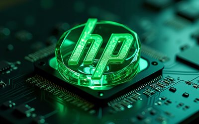 Hewlett-Packard green glowing logotype, 4k, Hewlett-Packard emblem, green neon light, Hewlett-Packard logo, HP green logo, HP logo, HP emblem, HP blue sign, HP, Hewlett-Packard