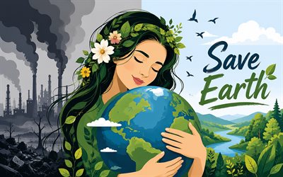 4k, Save Earth, girl with globe, environmental pollution, vector art, factory, ecology concepts, Save Earth concepts, protect nature, environment concepts, eco concepts, heavy industry, harm to the environment, green tree and factories