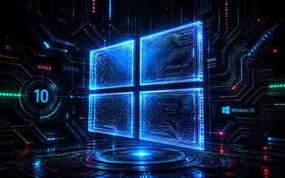شعار ويندوز 10 ثلاثي الأبعاد, 4k, خلفية مستقبلية زرقاء, أشعة النيون الزرقاء, العلامات التجارية لنظام التشغيل, شعار ويندوز 10 المستقبلي, شعار ويندوز 10 نيون, العلامات التجارية, شعار ويندوز 10, ويندوز 10