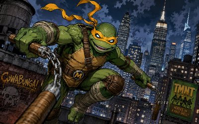 4k, Michelangelo  on roof, nunchucks, comics art, Teenage Mutant Ninja Turtles, nighscape, TMNT characters, Mutated Turtles, Michelangelo, TMNT, ninja turtles, Michelangelo TMNT, Michelangelo 4K