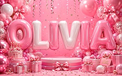 4k, feliz aniversário olívia, fundo rosa, nome olívia, caixas de presente rosa, aniversário da olívia, balões 3d, nomes femininos americanos populares, balões brancos rosa, foto com o nome olivia, olívia