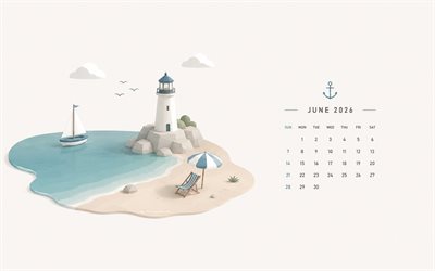 haziran 2026 takvimi, 4k, minimal sanat, kıyıdaki deniz feneri, 2026 haziran takvimi, deniz, haziran, 2026 takvimleri, haziran takvimi 2026, yaz